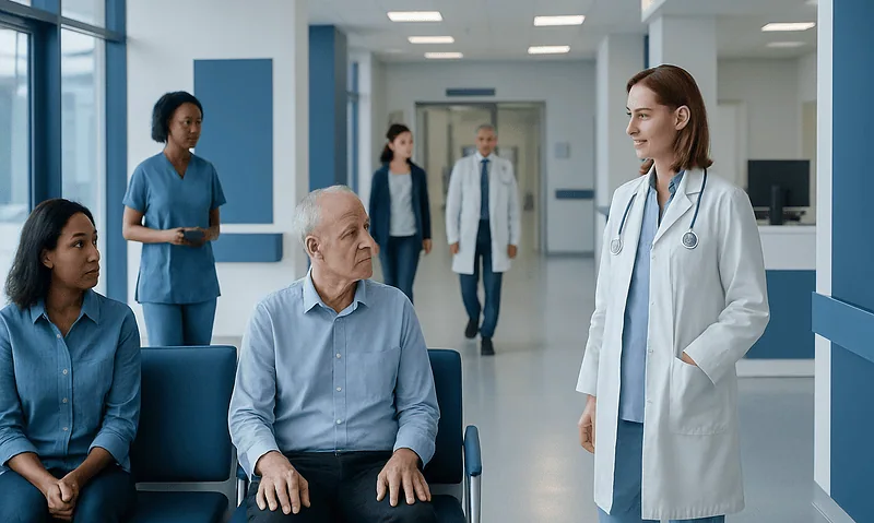 Medical team consulting with a patient in a hospital corridor.
