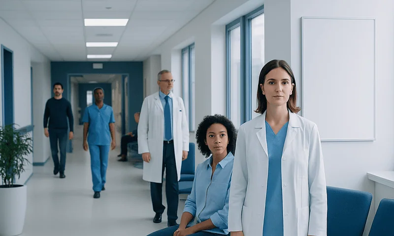 Medical team in hospital corridor with doctors and nurses.