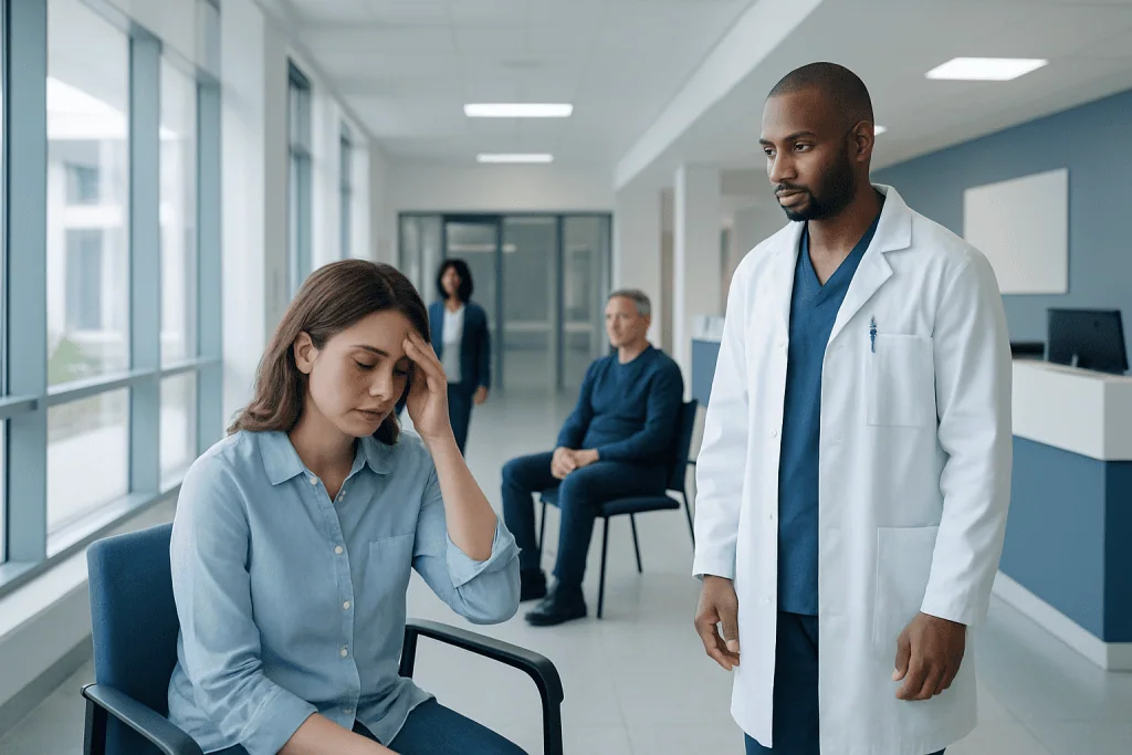 What Causes? Here Is What the Evidence Says 1 Patient experiencing headache during medical consultation at hospital.