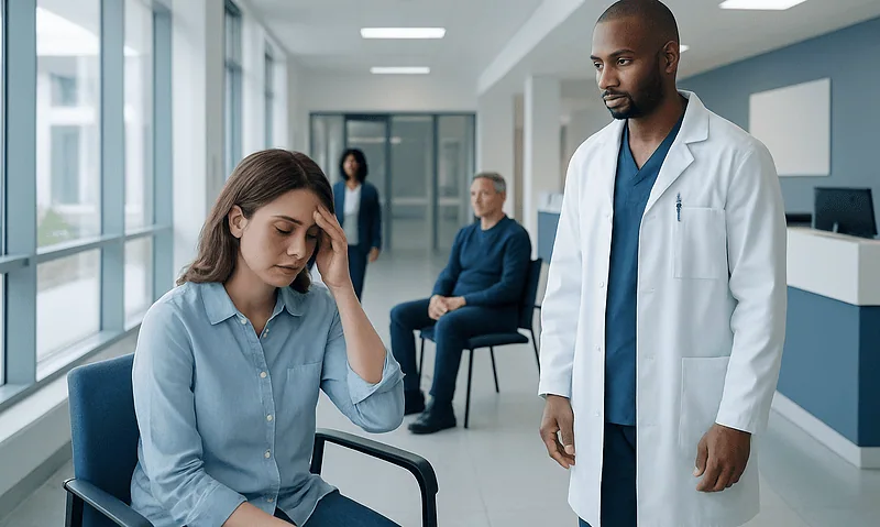 Patient experiencing headache during medical consultation at hospital.