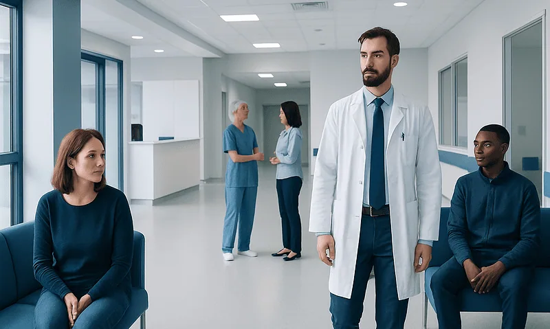 Medical consultation in a hospital waiting area with doctors and patients.