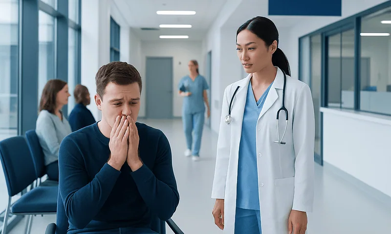 Health Library 10 Young man experiencing hiccups in a hospital corridor with a nurse nearby.