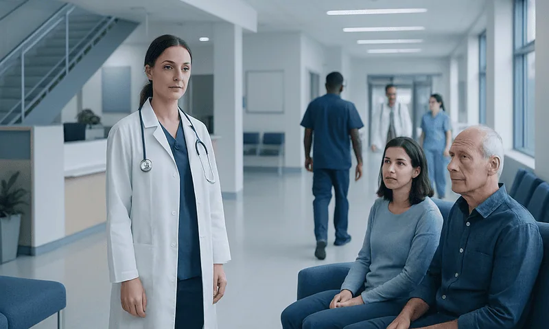 Doctor consulting with patients in hospital corridor.