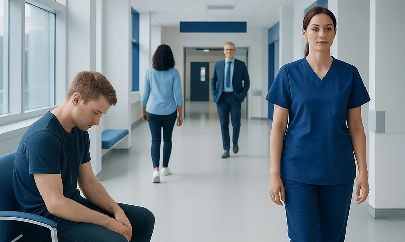 Healthcare professionals and patient in a hospital corridor.