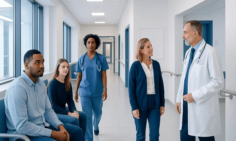 Medical team consulting with patients in hospital corridor.