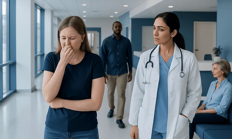 What causes to vomit? A Doctor-Reviewed Answer 17 Patient experiencing nausea in hospital corridor with doctor and staff nearby.