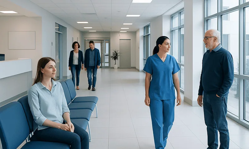 Hospital corridor with medical staff and patients engaging in conversation.