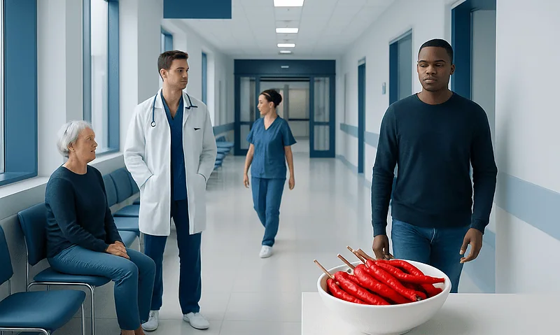 Hospital corridor with medical staff and a patient with a bowl of red chili peppers.