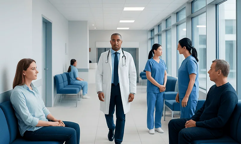 Medical team consulting with patients in a modern hospital corridor.