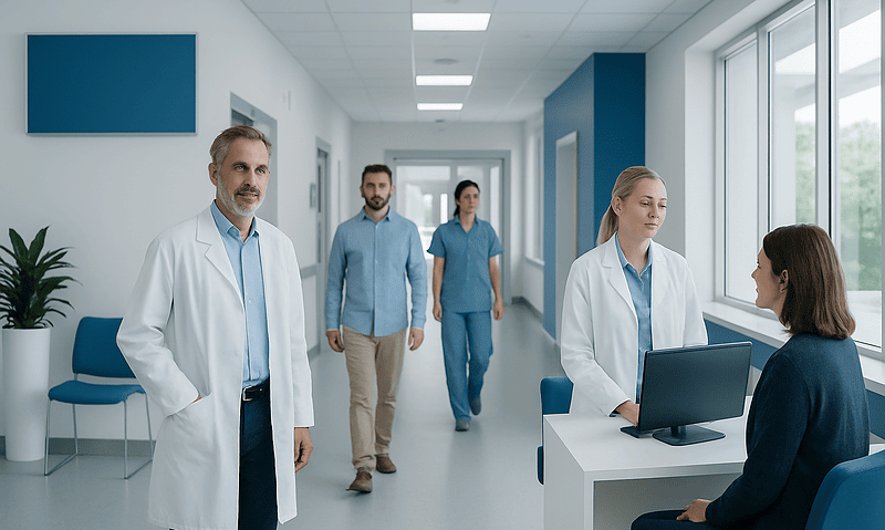 Medical team consulting in a hospital corridor with a patient at reception desk.
