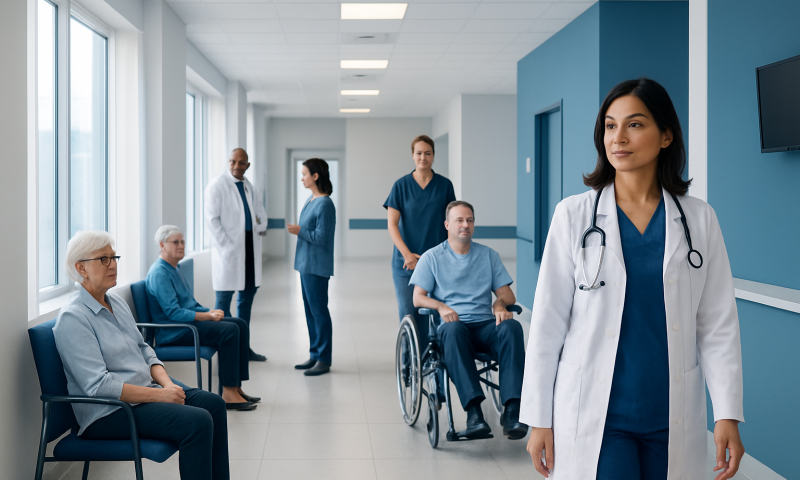 Healthcare professionals and patients in a modern hospital corridor.