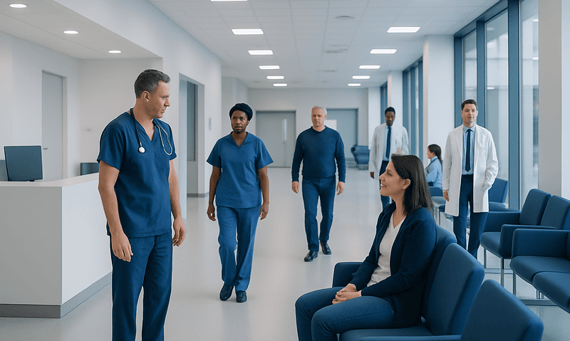 Medical team in hospital corridor with patient waiting area.