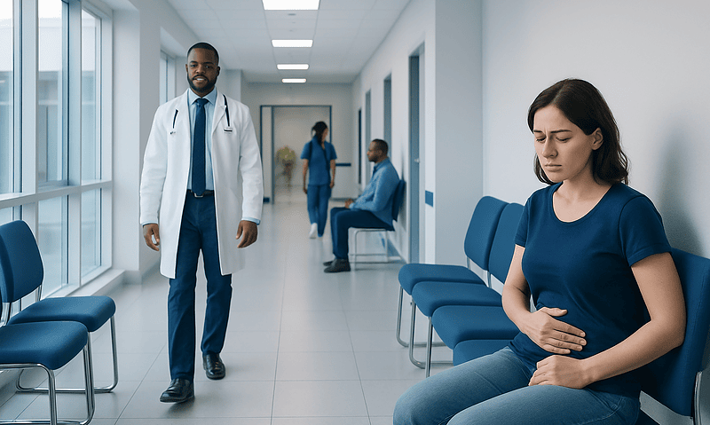 Doctor and patient in hospital corridor, healthcare setting, medical staff, patient care.