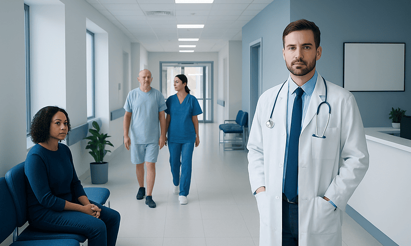 Medical team in hospital corridor with doctor and patients.
