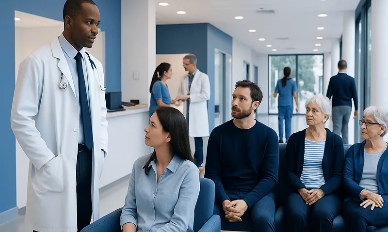 Doctor consulting with elderly patients in a hospital waiting area.