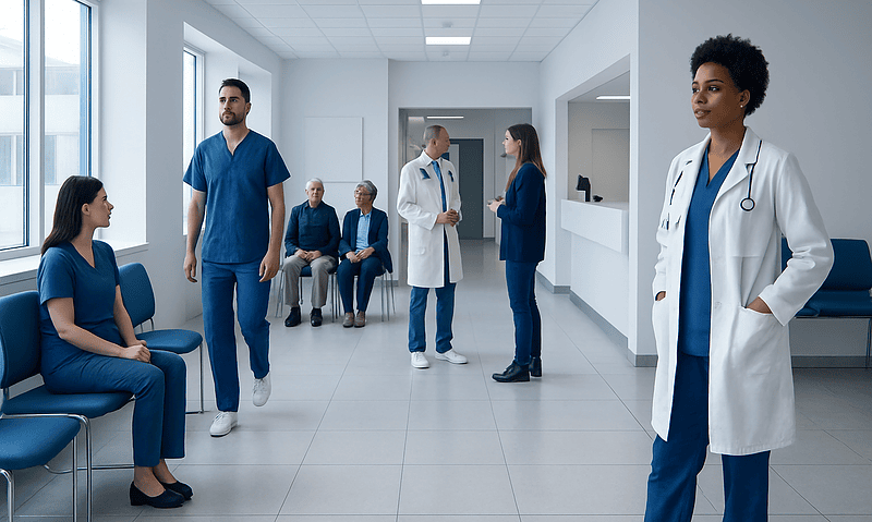 Healthcare professionals and patients in a modern hospital corridor.