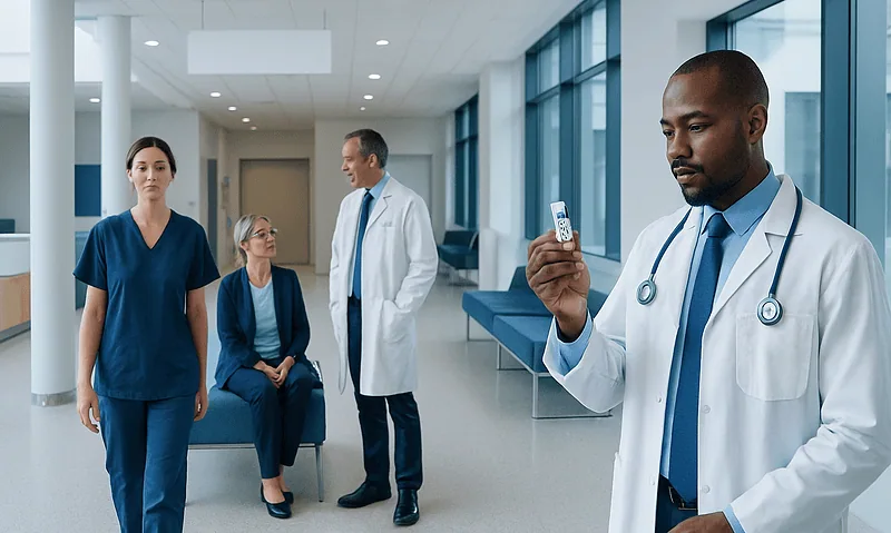 Medical professionals in a hospital corridor with a doctor using a smartphone.