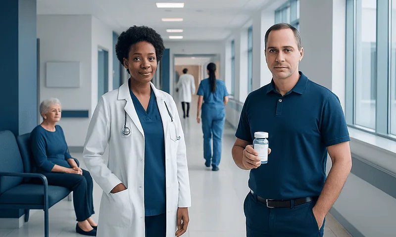 Cefuroxime: An Evidence-Based Guide for Patients 7 Healthcare professionals in a hospital corridor at Acibadem Hospitals Group.