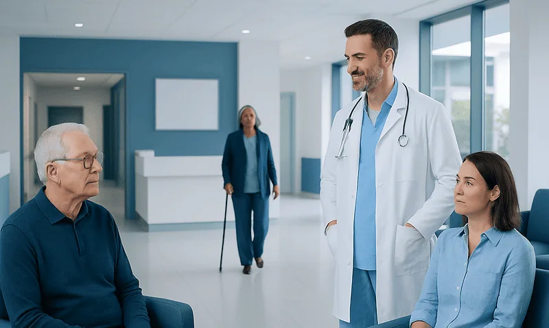 Doctor consulting with elderly patient and young woman in hospital lobby.