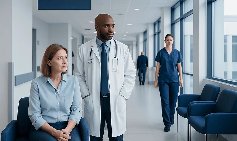 Medical team discussing patient care in hospital corridor.