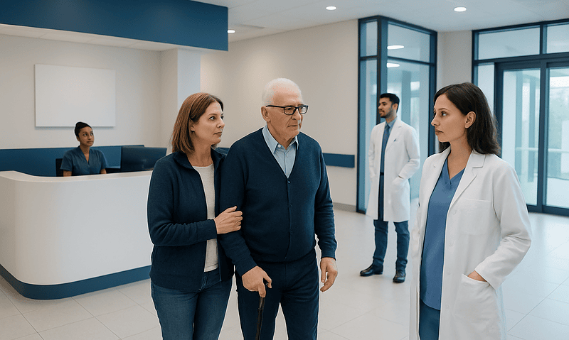 Patients and doctors in a modern hospital lobby.