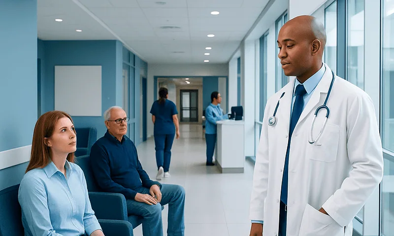 Doctor speaking with patients in a hospital waiting area.