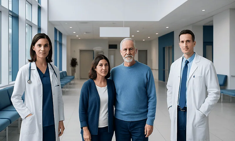 Medical team with doctors and patient in hospital corridor.