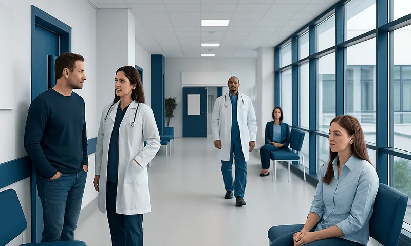 Medical professionals and patients in a hospital corridor at Acibadem Hospitals Group.
