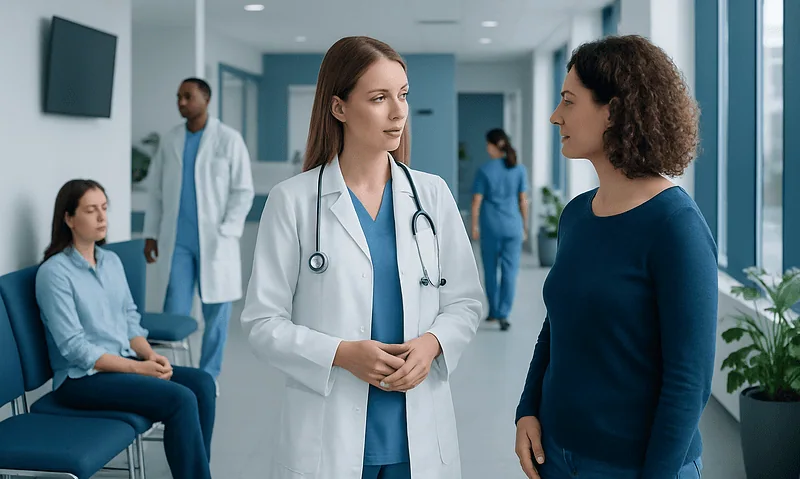 Doctor talking to a patient in a hospital corridor with medical staff in the background.