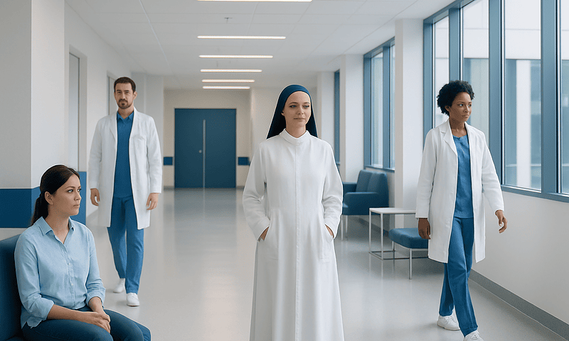 Medical team in hospital corridor with large windows and seating area.