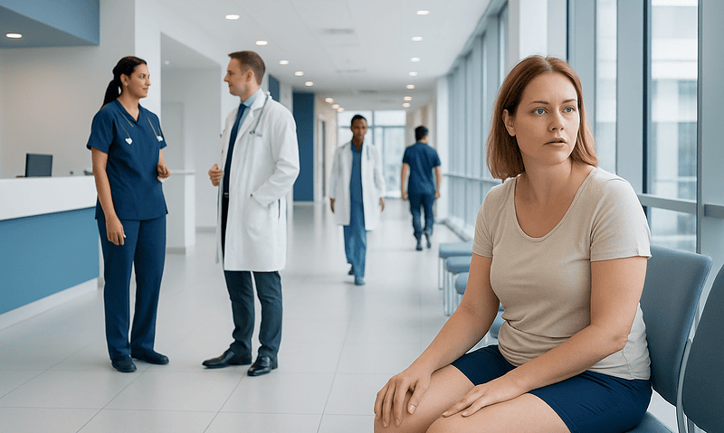Patient waiting in hospital corridor at Acibadem Hospitals Group.
