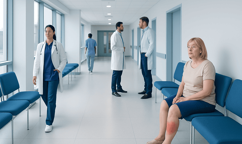 Patient with leg swelling in hospital corridor with medical staff nearby.
