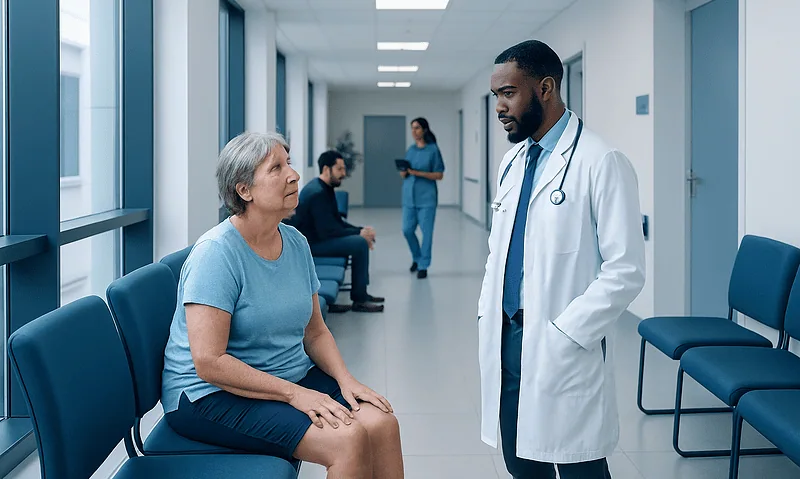 Doctor consulting with elderly woman in hospital corridor.