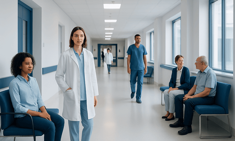 Medical professionals and patients in a hospital corridor.