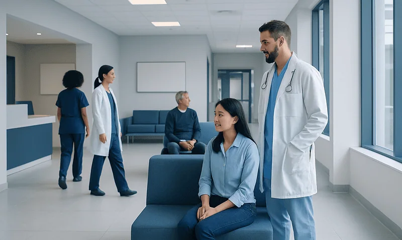 Medical team consulting with a patient in a modern hospital corridor.