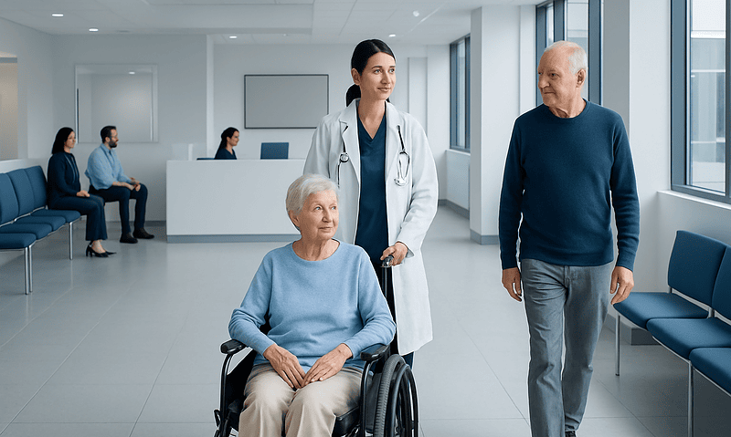 Healthcare professionals and elderly patients in a modern hospital corridor.