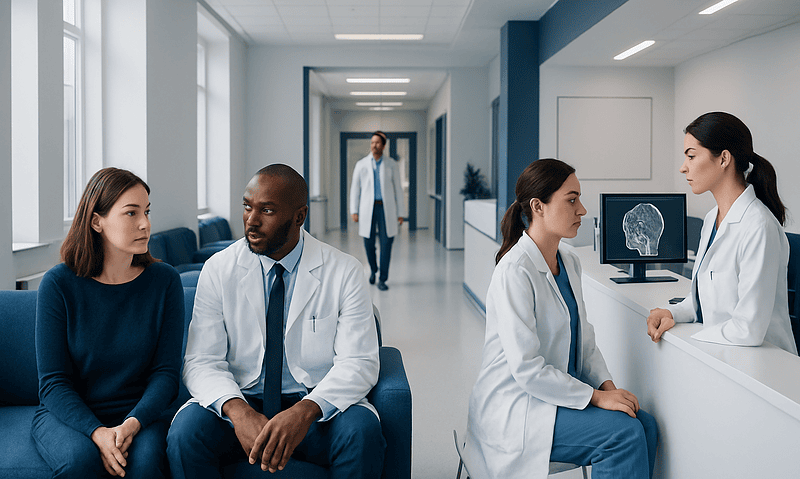 Doctors and patients in a hospital corridor discussing neurological health.
