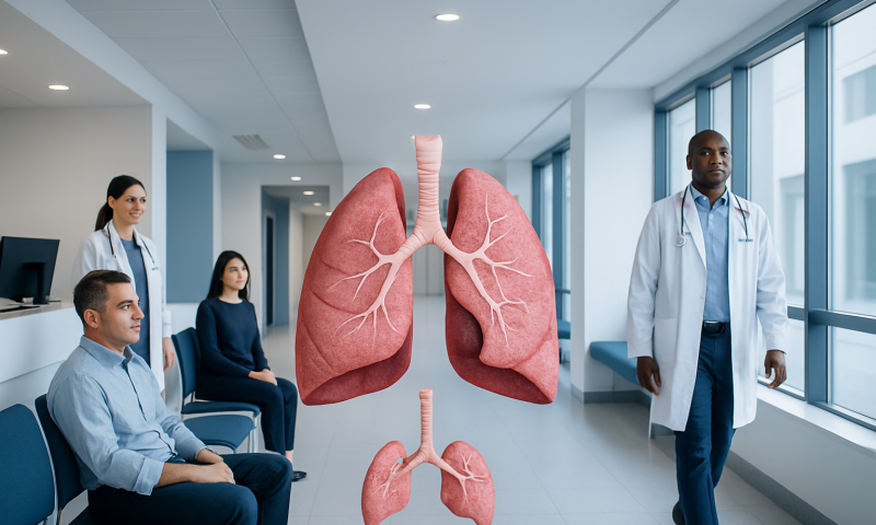 Medical team discussing lung health with 3D lung model in hospital corridor.