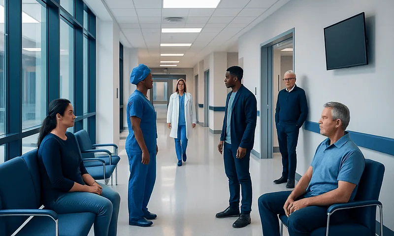 Hospital corridor with medical staff and patients waiting and talking.