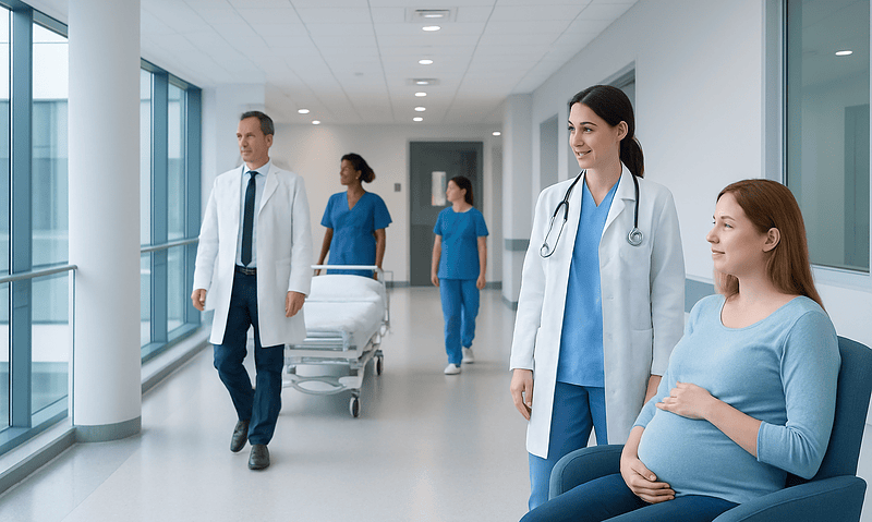 Medical team with pregnant woman in hospital corridor at Acibadem Hospitals Group.
