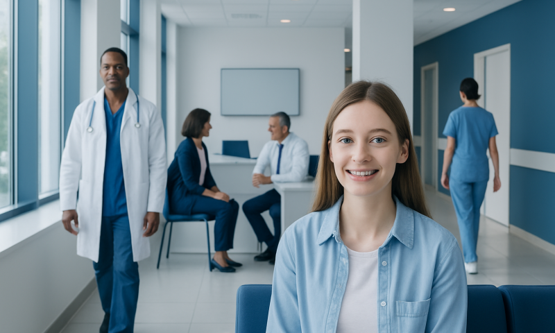 Smiling young woman in a hospital waiting area with medical staff in background.