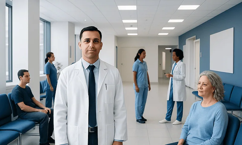 Medical team in hospital corridor with patients and staff.