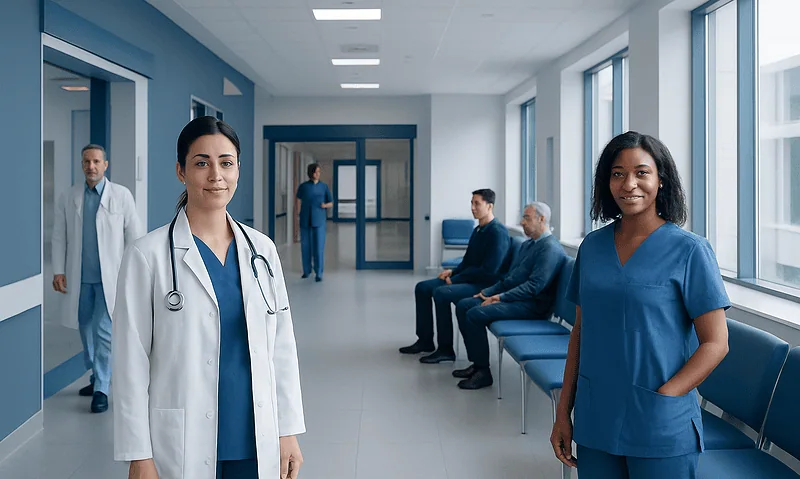 Healthcare professionals in a hospital corridor at Acibadem Hospitals Group.