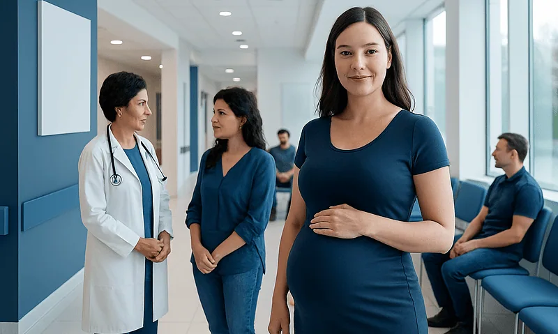 Young pregnant woman smiling in hospital corridor with medical staff and visitors.