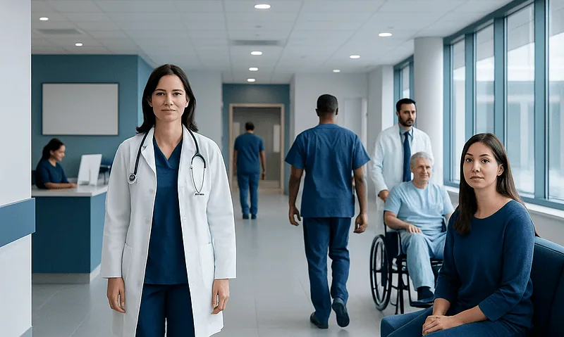 Healthcare professionals and patients in a modern hospital corridor.