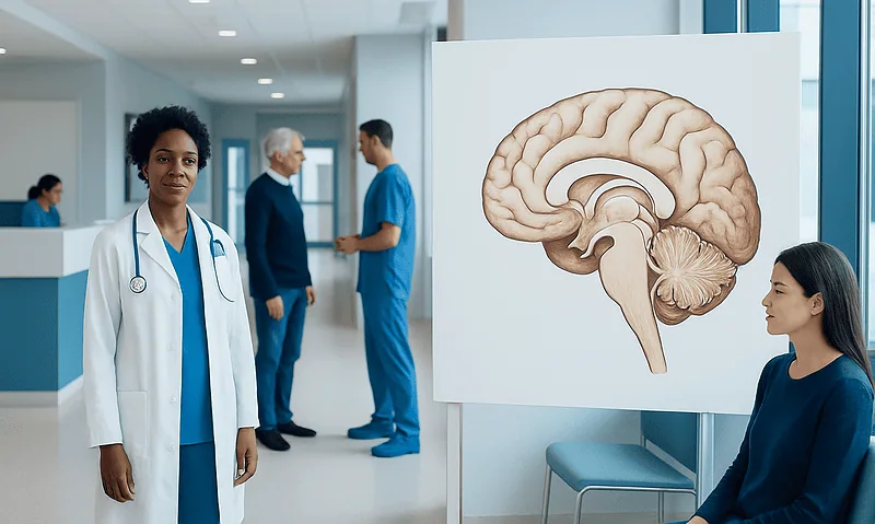 Medical professionals and patients in a hospital corridor with brain anatomy display.