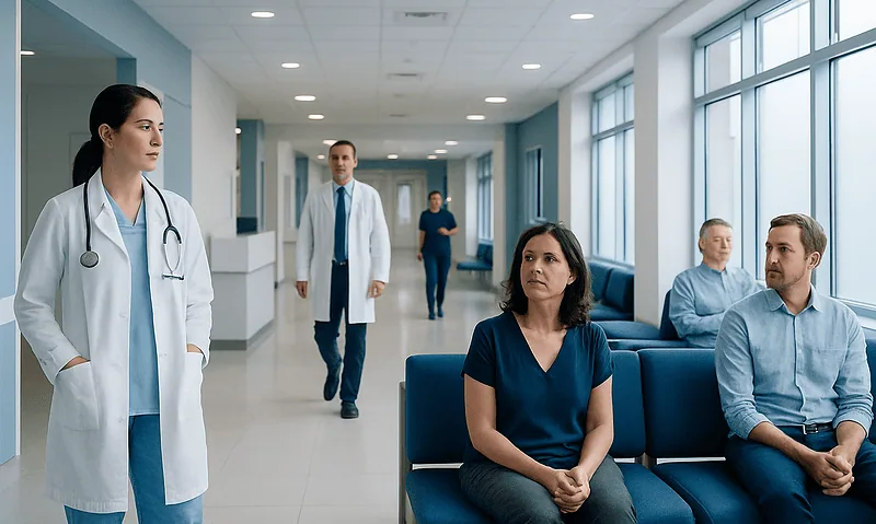 Medical team and patients in a hospital corridor, healthcare setting.