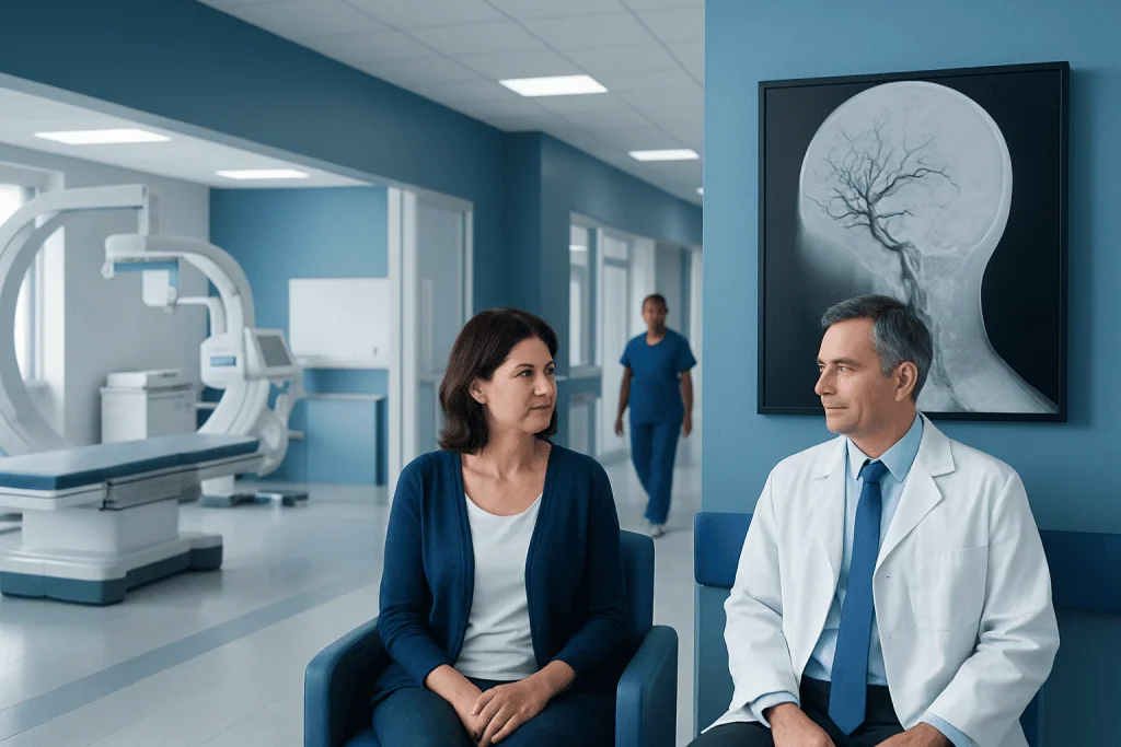 What Happens During Cerebral Angiography? 1 Doctor and patient in a hospital waiting area with brain scan image on the wall.