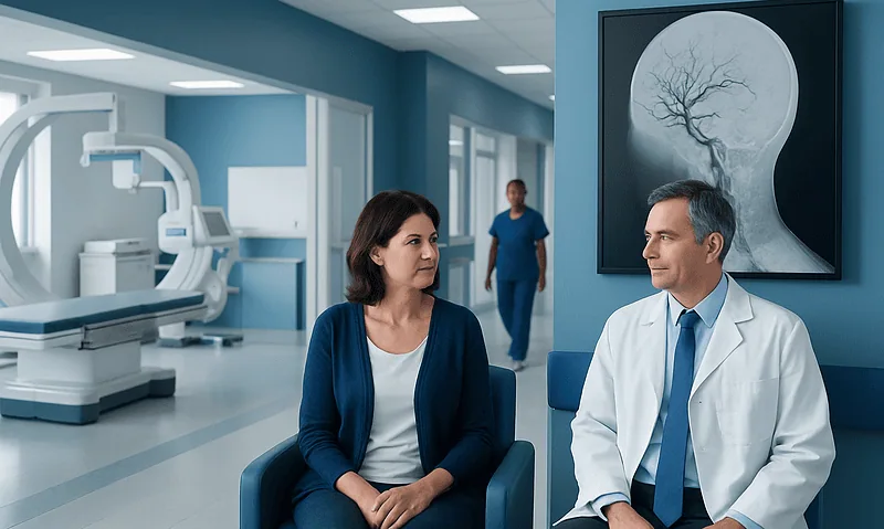 Doctor and patient in a hospital waiting area with brain scan image on the wall.