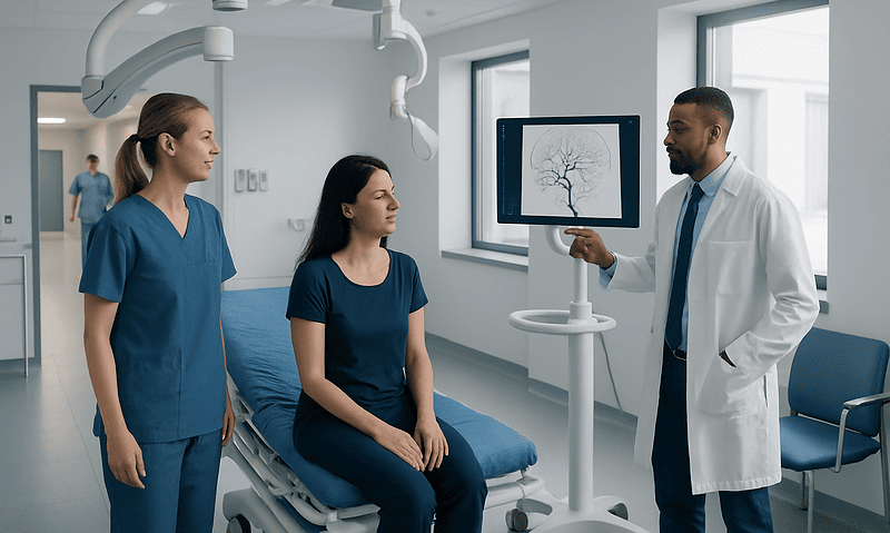 Medical team explains cerebral angiography to patient in hospital room.